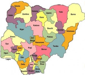 Map of Modern Nigeria, Kaduna is in pink.